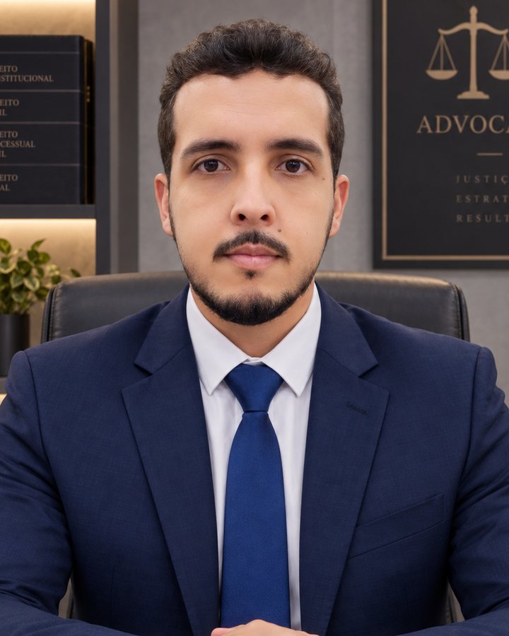Fotografia profissional de Jeferson Ribeiro, de terno azul-marinho e gravata azul, sentado à mesa de trabalho.